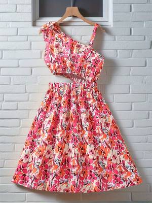 Pink & orange floral printed cotton fit & flare one shoulder dress for women 2