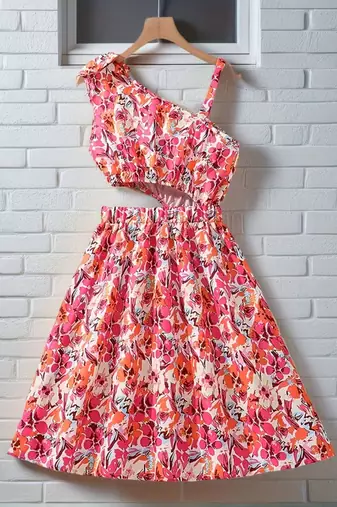 Pink & orange floral printed cotton fit & flare one shoulder dress for women