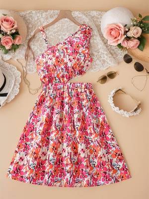 Pink & orange floral printed cotton fit & flare one shoulder dress for women 3