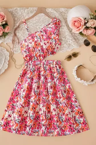 Pink & orange floral printed cotton fit & flare one shoulder dress for women