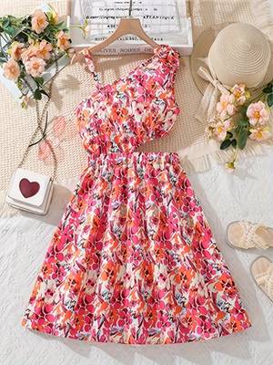Pink & orange floral printed cotton fit & flare one shoulder dress for women 4