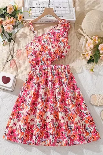 Pink & orange floral printed cotton fit & flare one shoulder dress for women