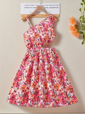 Pink & orange floral printed cotton fit & flare one shoulder dress for women 5