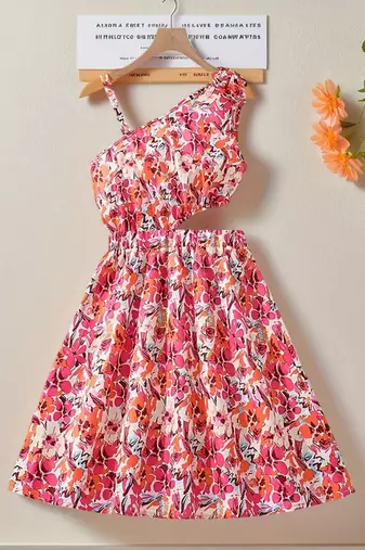 Pink & orange floral printed cotton fit & flare one shoulder dress for women