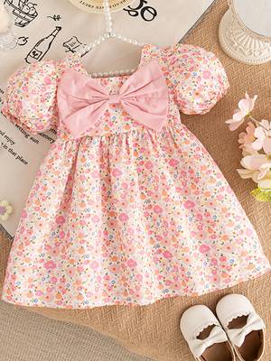 Pink floral printed cotton blend fit & flare girls dress 1