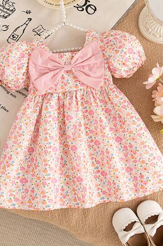 Pink floral printed cotton blend fit & flare girls dress