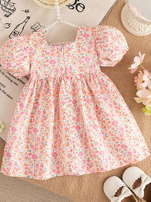 Pink floral printed cotton blend fit & flare girls dress 2