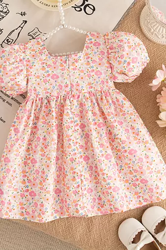 Pink floral printed cotton blend fit & flare girls dress