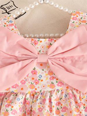 Pink floral printed cotton blend fit & flare girls dress 3
