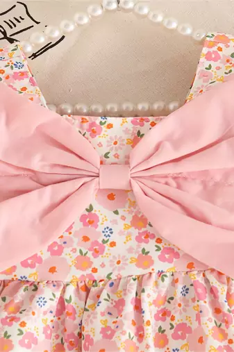 Pink floral printed cotton blend fit & flare girls dress