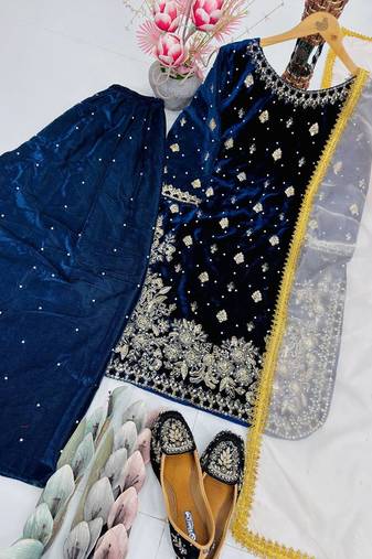 Blue art silk embroidered sharara set