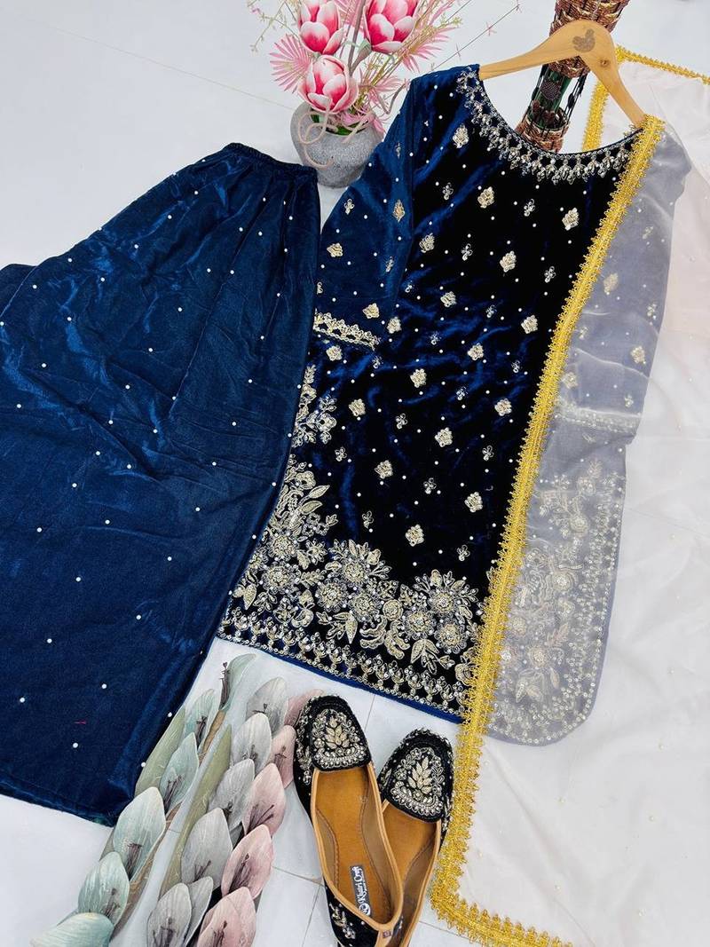 Blue art silk embroidered sharara set