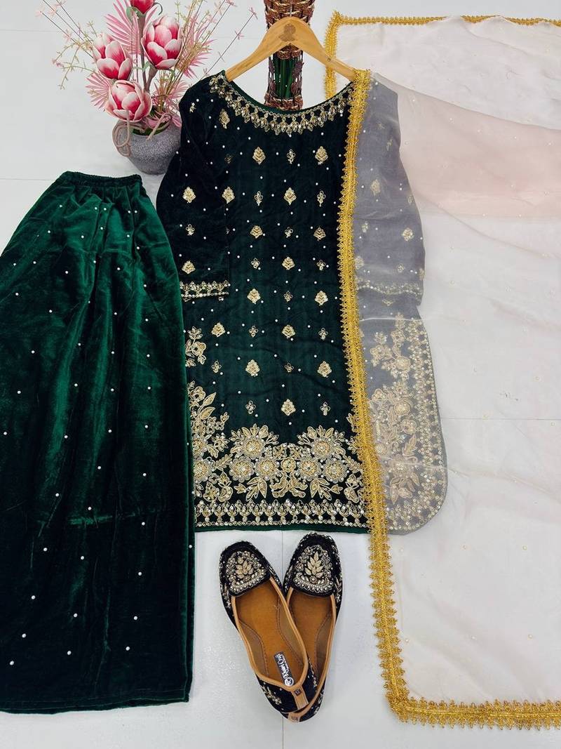 Green art silk embroidered sharara set
