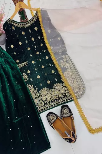 Green art silk embroidered sharara set