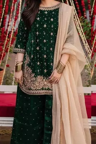 Green art silk embroidered sharara set