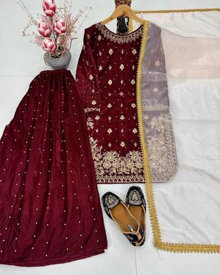 Maroon art silk embroidered sharara set 1