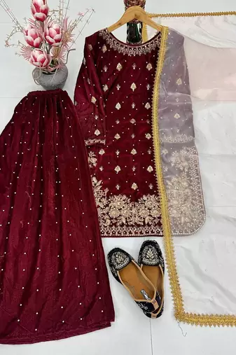 Maroon art silk embroidered sharara set