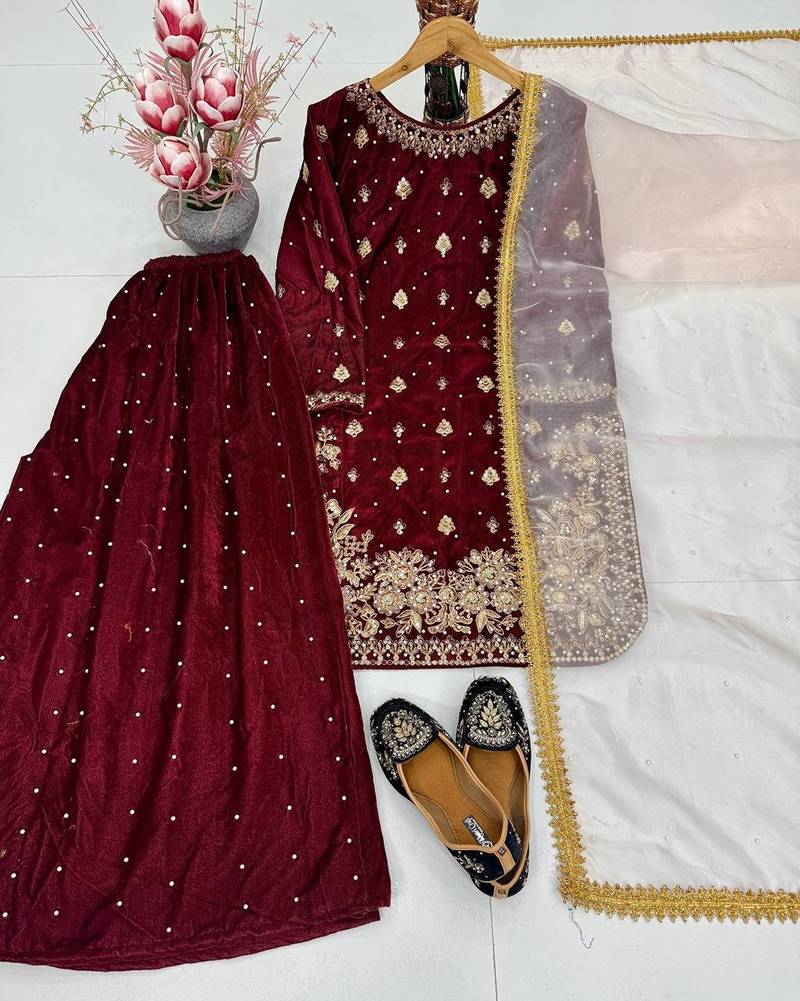 Maroon art silk embroidered sharara set