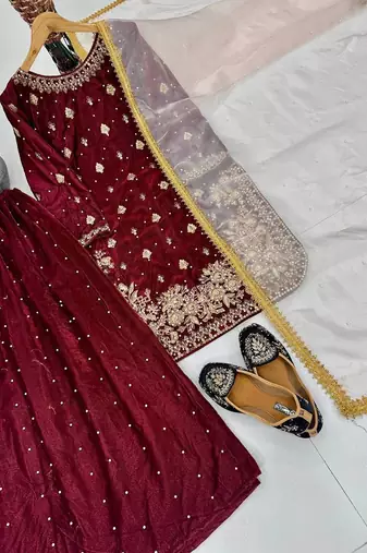 Maroon art silk embroidered sharara set