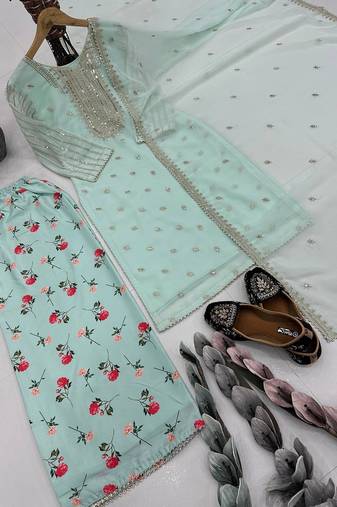 Sky blue faux georgette embroidered readymade suits