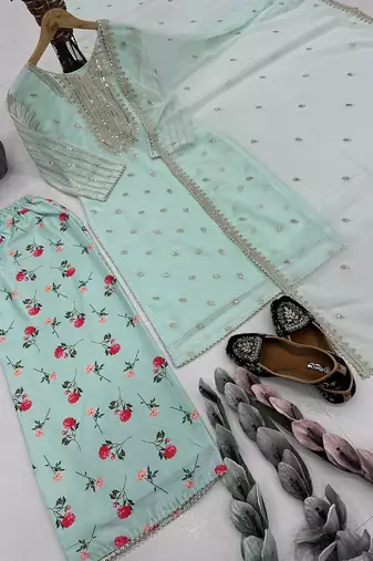 Sky blue faux georgette embroidered readymade suits