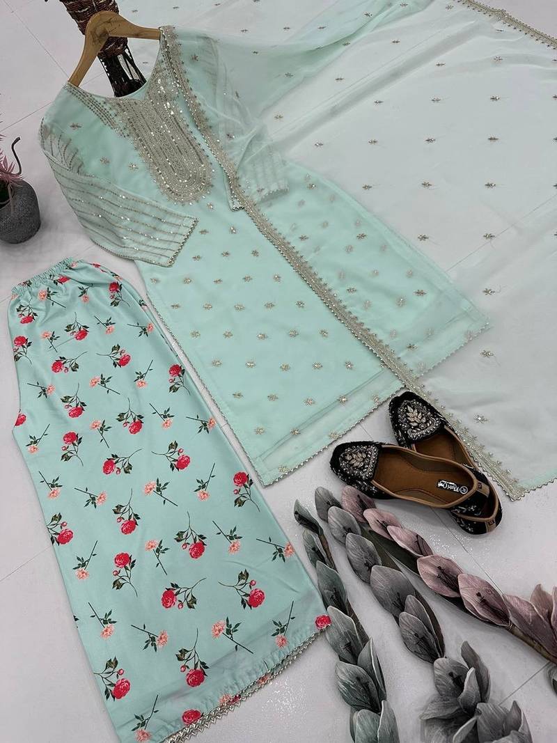 Sky blue faux georgette embroidered readymade suits
