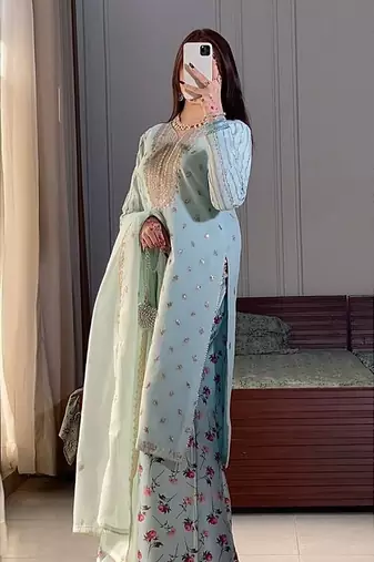 Sky blue faux georgette embroidered readymade suits