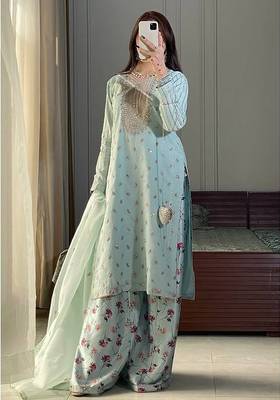 Sky blue faux georgette embroidered readymade suits 3