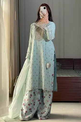 Sky blue faux georgette embroidered readymade suits