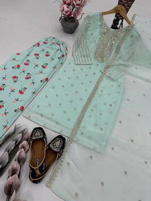 Sky blue faux georgette embroidered readymade suits 4