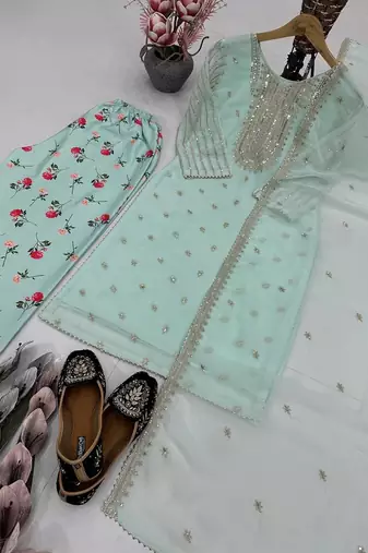 Sky blue faux georgette embroidered readymade suits