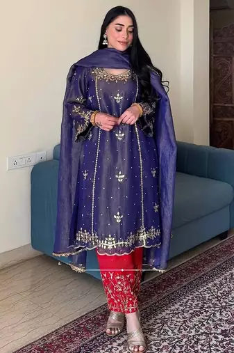 Blue art silk embroidered readymade suits