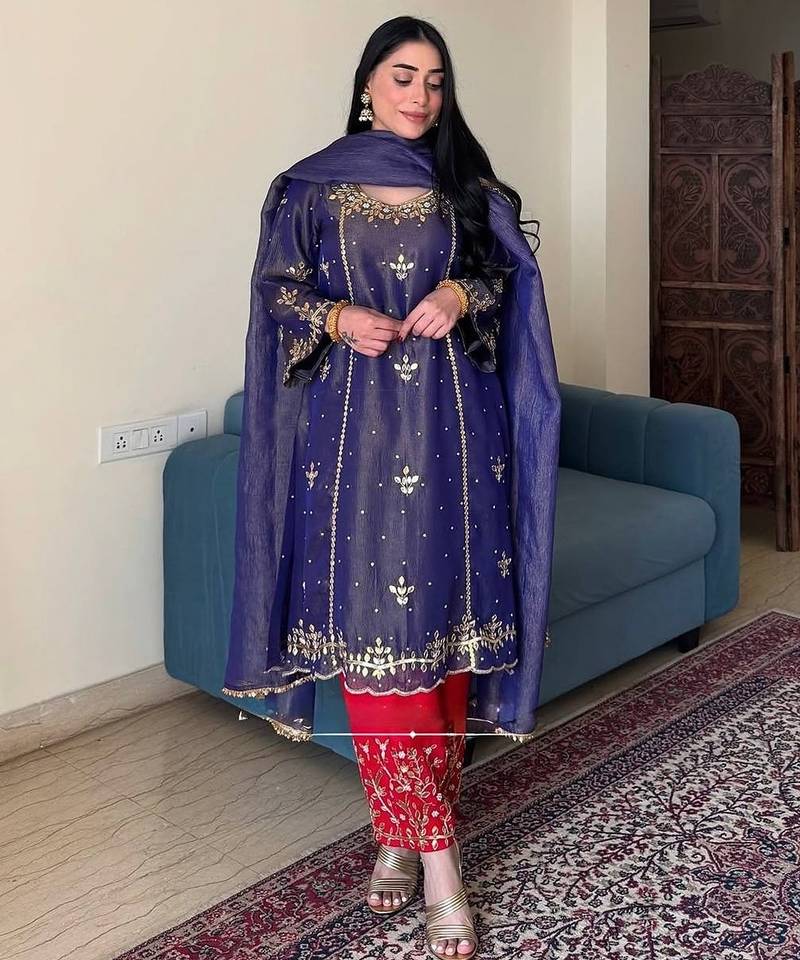 Blue art silk embroidered readymade suits