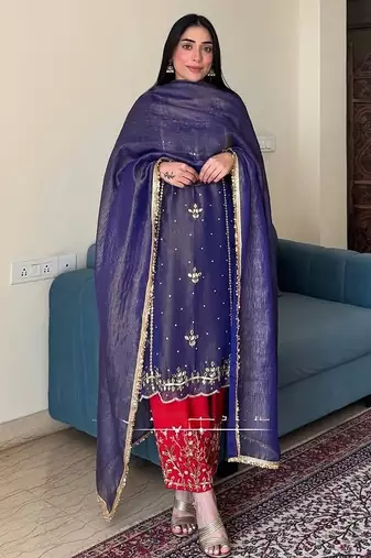 Blue art silk embroidered readymade suits