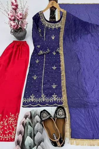 Blue art silk embroidered readymade suits