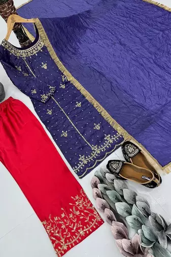 Blue art silk embroidered readymade suits