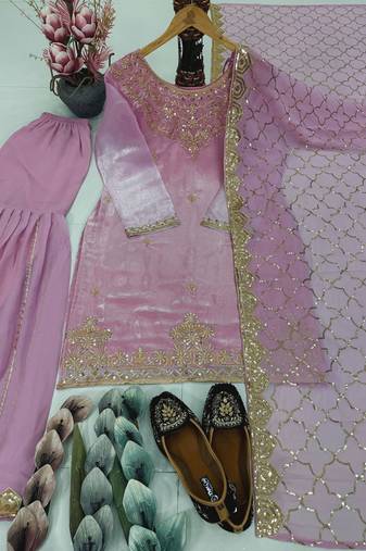 Pink organza embroidered readymade suits