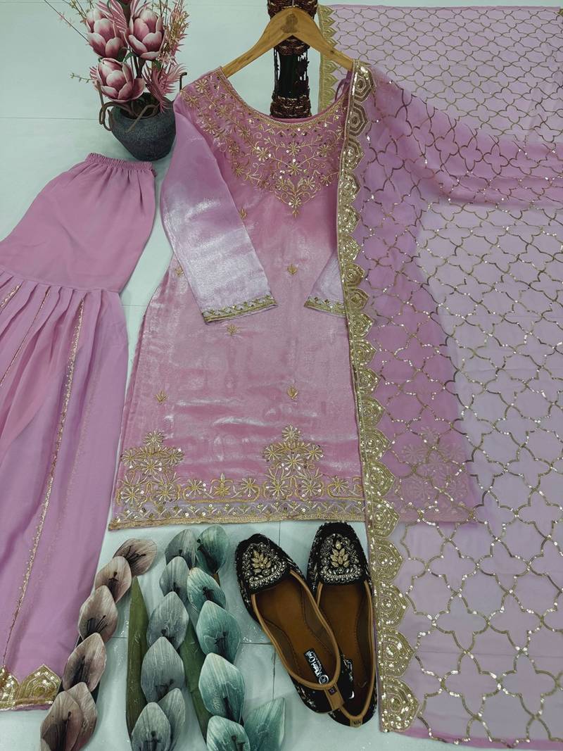 Pink organza embroidered readymade suits