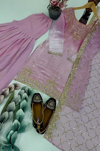 Pink organza embroidered readymade suits
