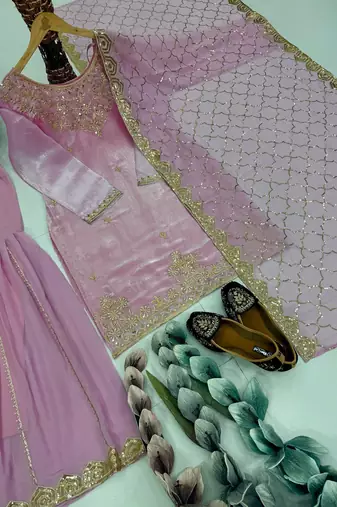 Pink organza embroidered readymade suits