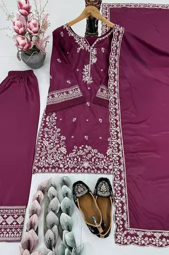 Purple crepe embroidered readymade suits