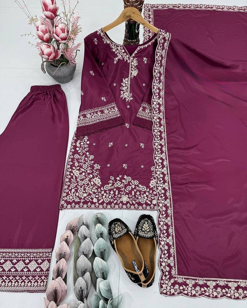 Purple crepe embroidered readymade suits