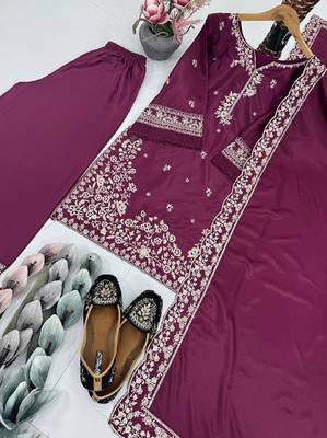 Purple crepe embroidered readymade suits 2