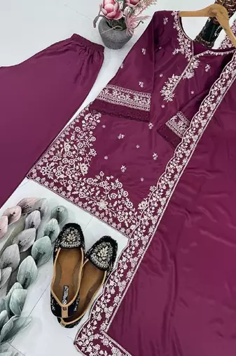 Purple crepe embroidered readymade suits