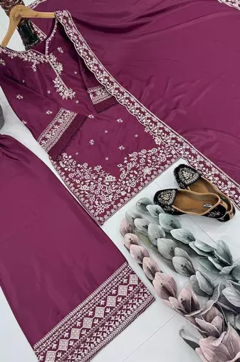 Purple crepe embroidered readymade suits