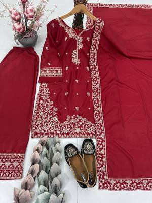 Red crepe embroidered readymade suits 1