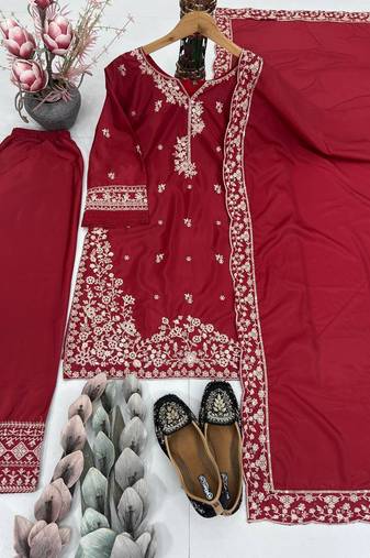 Red crepe embroidered readymade suits