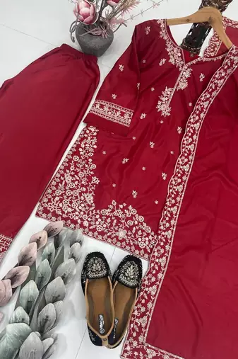 Red crepe embroidered readymade suits