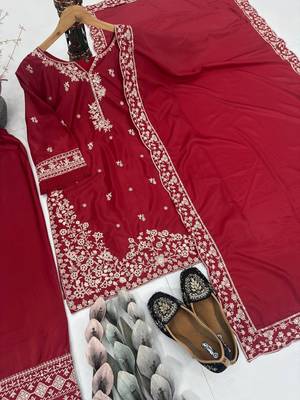 Red crepe embroidered readymade suits 3