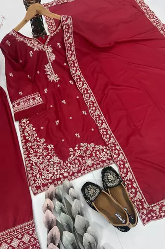 Red crepe embroidered readymade suits